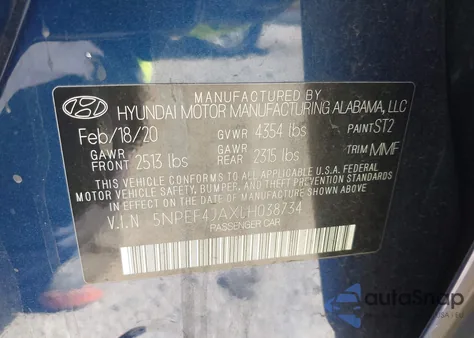 2020 Hyundai Sonata Sel из США, поврежденный, VIN 5NPEF4JAXLH038734